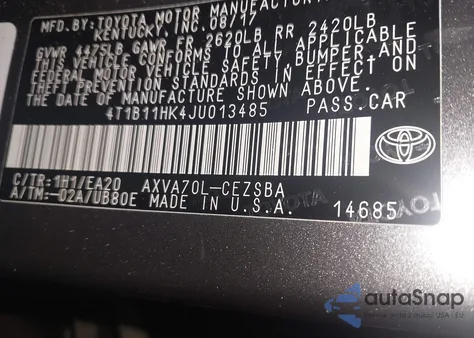 2018 Toyota Camry Se from USA, damaged, VIN 4T1B11HK4JU013485